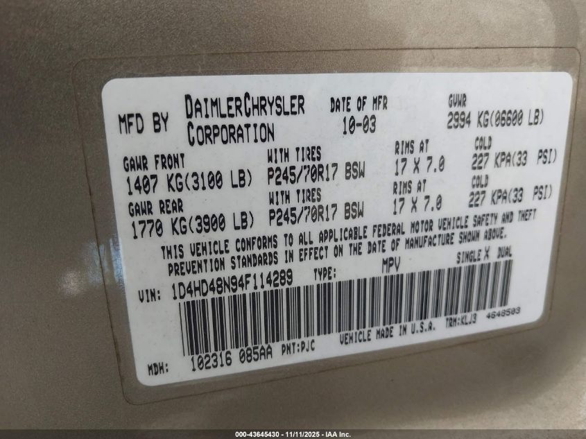 2004 Dodge Durango Slt VIN: 1D4HD48N94F114289 Lot: 43645430