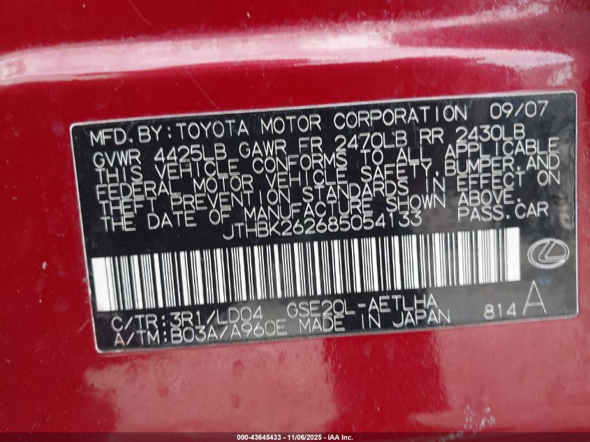 2008 Lexus Is 250 VIN: JTHBK262685054133 Lot: 43645433