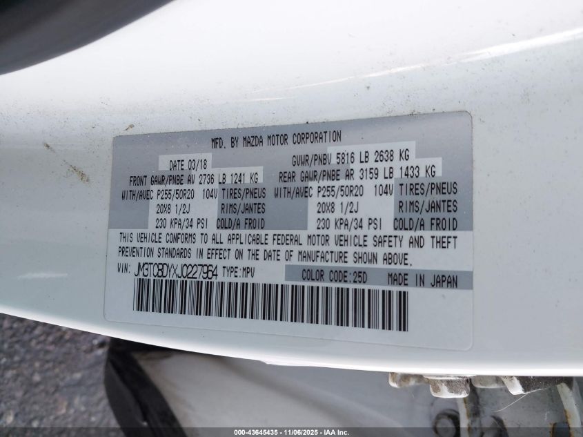 2018 Mazda Cx-9 Grand Touring VIN: JM3TCBDYXJ0227964 Lot: 43645435