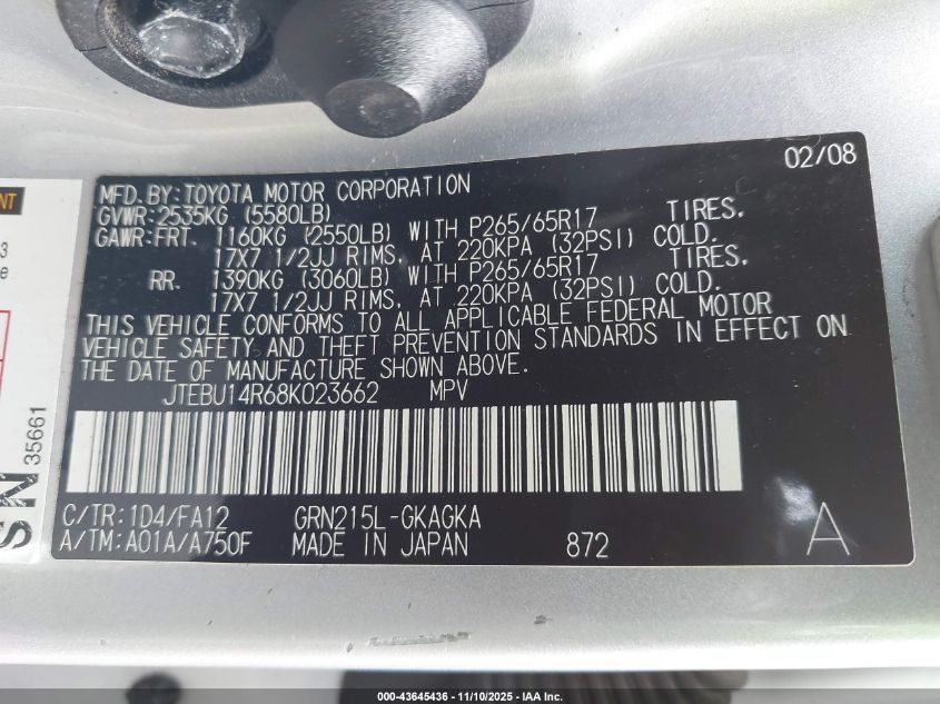 2008 Toyota 4Runner Sr5 V6 VIN: JTEBU14R68K023662 Lot: 43645436