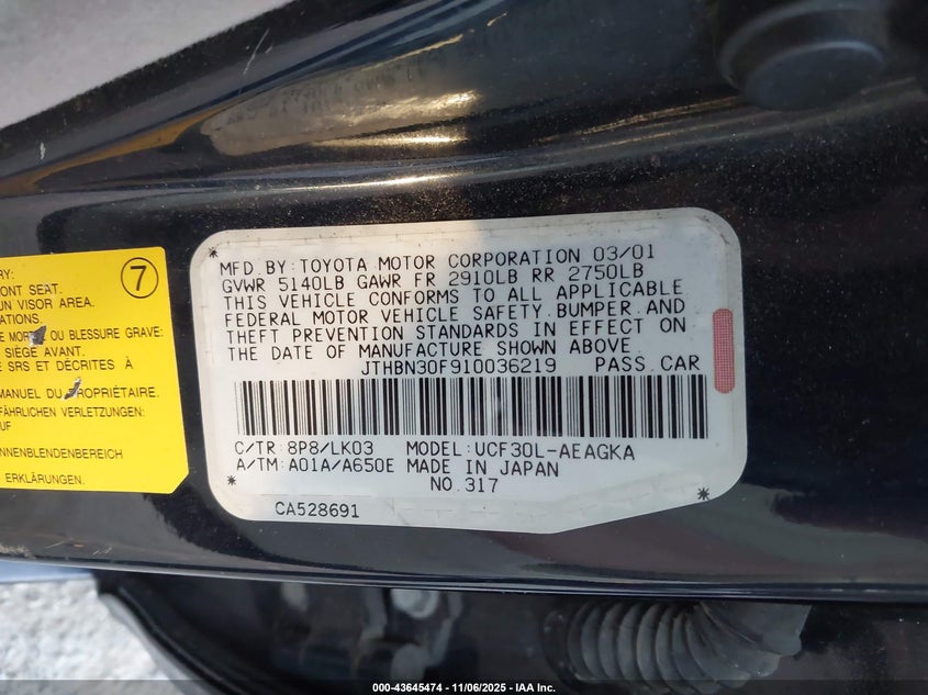 2001 Lexus Ls 430 VIN: JTHBN30F910036219 Lot: 43645474