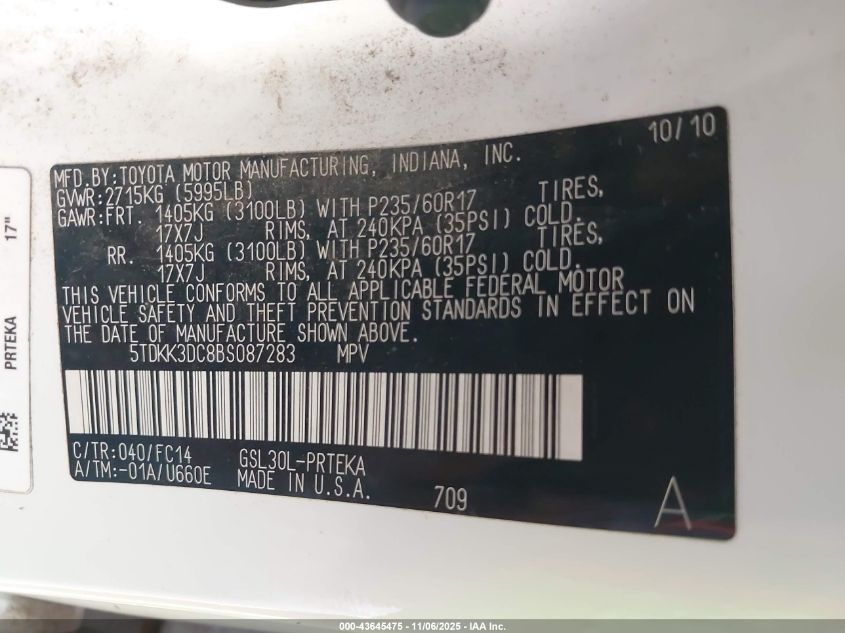 2011 Toyota Sienna Le V6 VIN: 5TDKK3DC8BS087283 Lot: 43645475