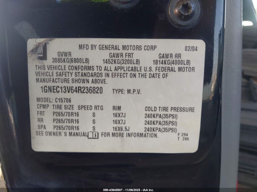 2004 Chevrolet Tahoe Ls VIN: 1GNEC13V64R236820 Lot: 43645507