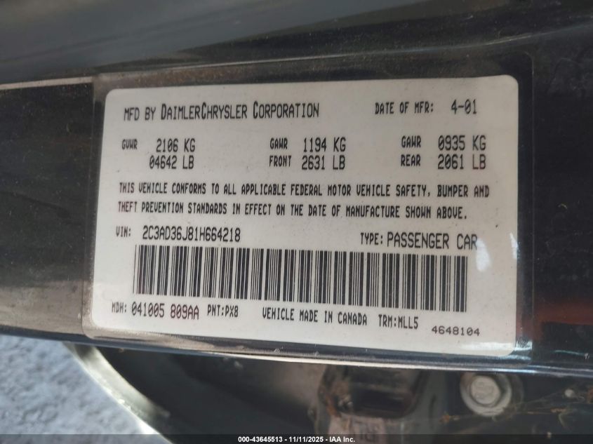 2001 Chrysler Concorde Lxi VIN: 2C3AD36J81H664218 Lot: 43645513