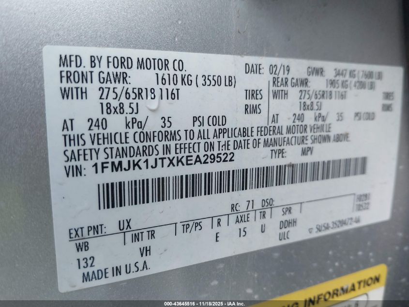 2019 Ford Expedition Max Xlt VIN: 1FMJK1JTXKEA29522 Lot: 43645516