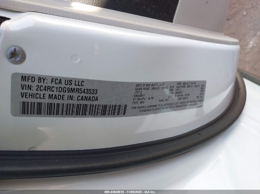 2021 Chrysler Voyager Lxi VIN: 2C4RC1DG9MR543533 Lot: 43645518