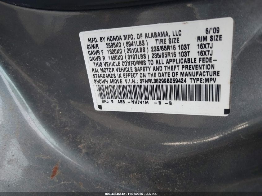 2009 Honda Odyssey Lx VIN: 5FNRL38299B059424 Lot: 43645542