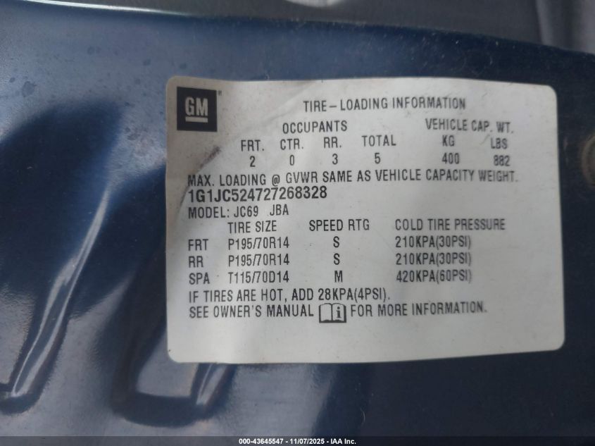 2002 Chevrolet Cavalier VIN: 1G1JC524727268328 Lot: 43645547