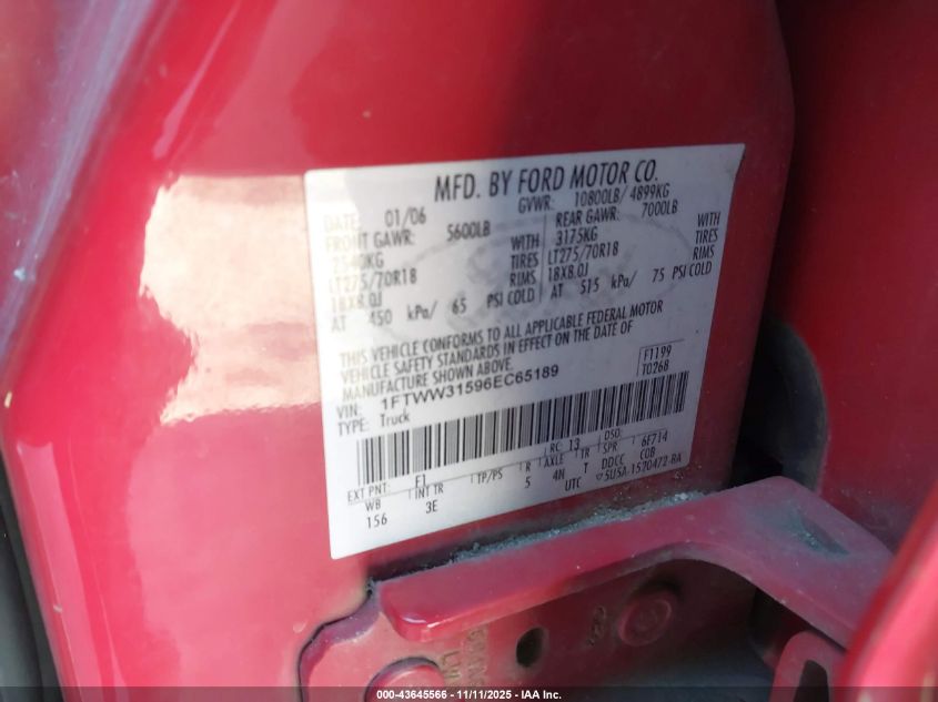 2006 Ford F-350 Lariat/Xl/Xlt VIN: 1FTWW31596EC65189 Lot: 43645566