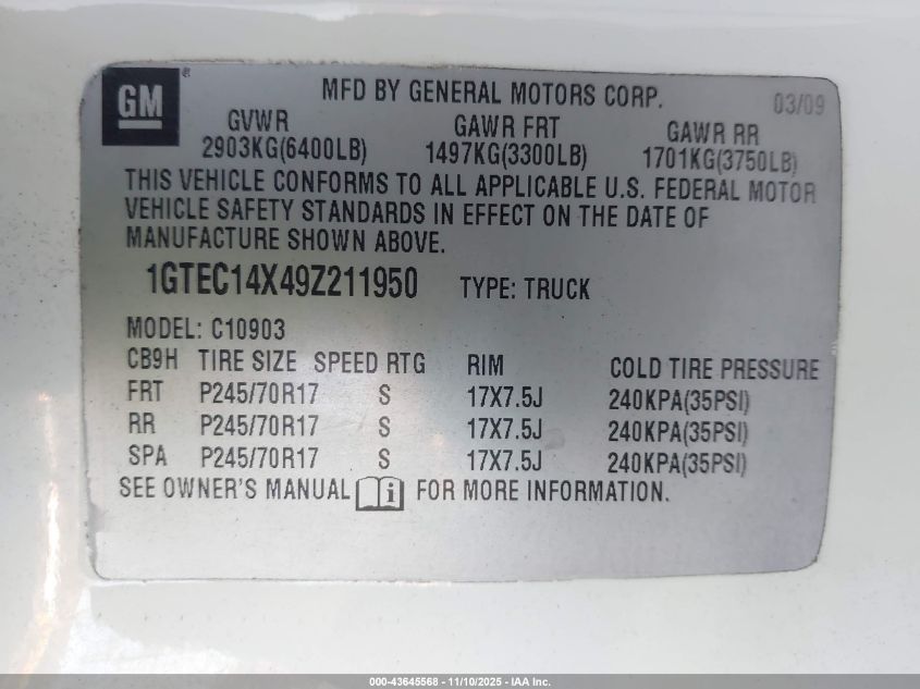 2009 GMC Sierra 1500 Work Truck VIN: 1GTEC14X49Z211950 Lot: 43645568