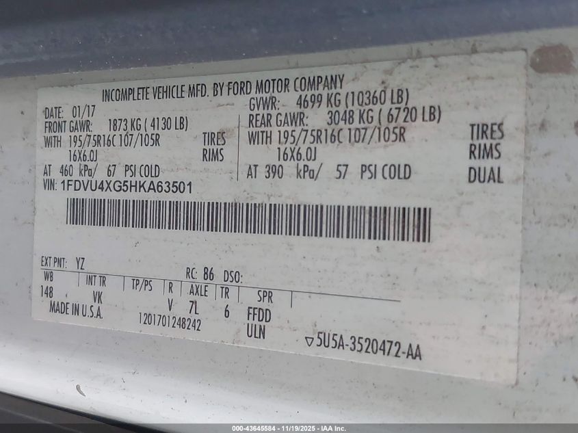 2017 Ford Transit-350 Xl VIN: 1FDVU4XG5HKA63501 Lot: 43645584