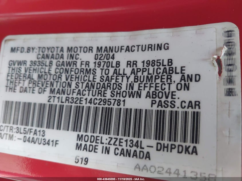 2004 Toyota Matrix Standard VIN: 2T1LR32E14C295781 Lot: 43645595