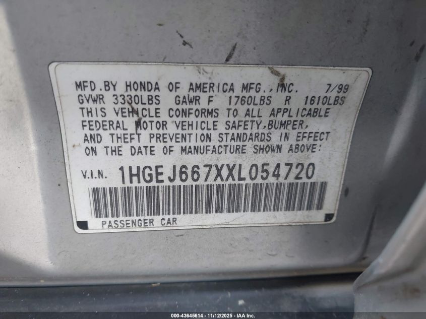 1999 Honda Civic Lx VIN: 1HGEJ667XXL054720 Lot: 43645614