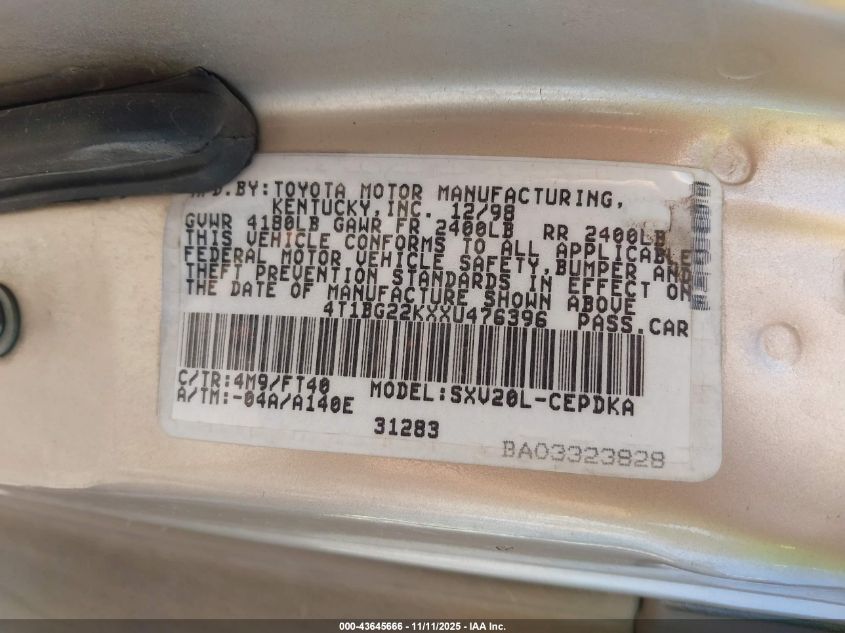 1999 Toyota Camry Ce VIN: 4T1BG22KXXU476396 Lot: 43645666