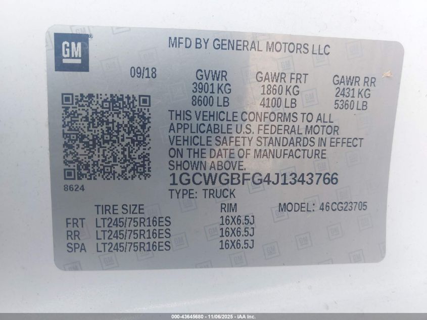 2018 Chevrolet Express 2500 Work Van VIN: 1GCWGBFG4J1343766 Lot: 43645680