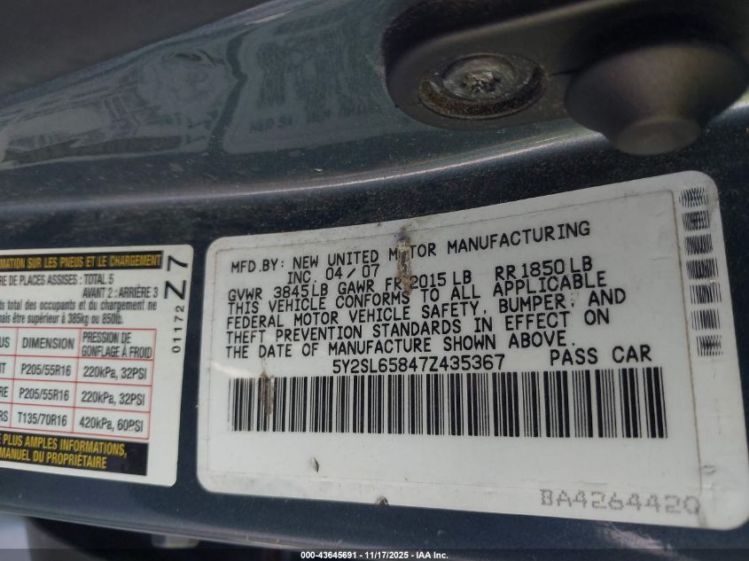 2007 Pontiac Vibe VIN: 5Y2SL65847Z435367 Lot: 43645691