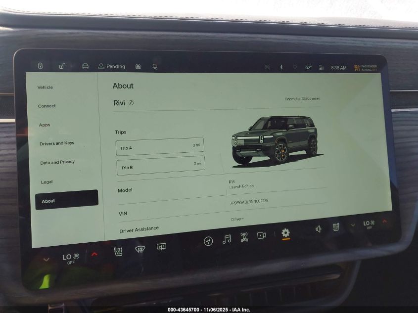 2022 Rivian R1S Launch Edition VIN: 7PDSGABL3NN002278 Lot: 43645700
