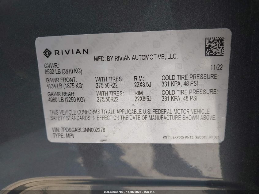 2022 Rivian R1S Launch Edition VIN: 7PDSGABL3NN002278 Lot: 43645700