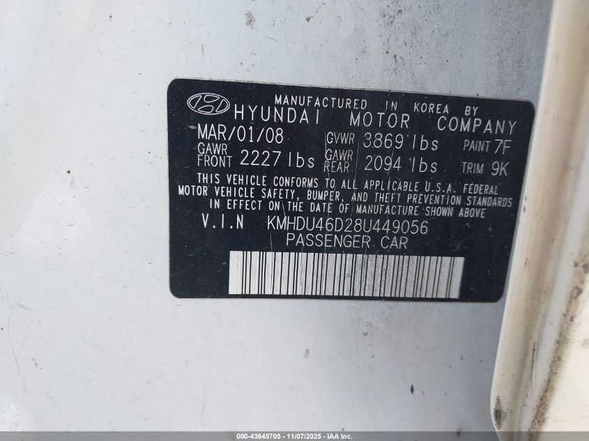 2008 Hyundai Elantra Gls/Se VIN: KMHDU46D28U449056 Lot: 43645705