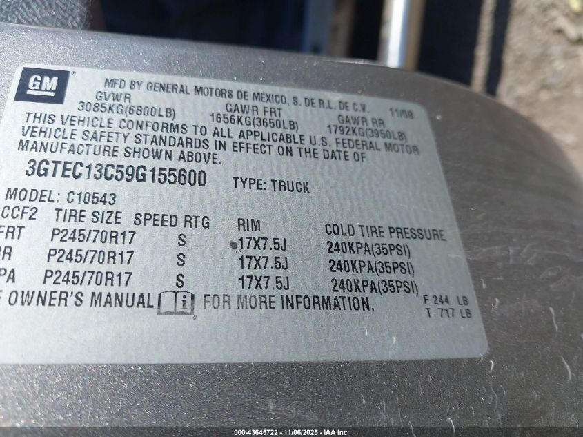 2009 GMC Sierra 1500 Sl VIN: 3GTEC13C59G155600 Lot: 43645722