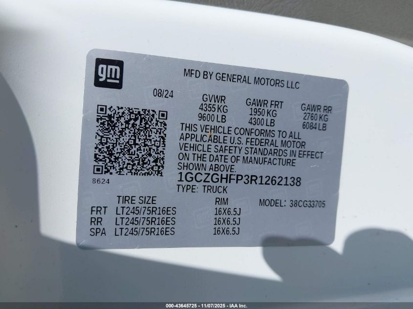 2024 Chevrolet Express Cargo Rwd 3500 Extended Wheelbase Wt VIN: 1GCZGHFP3R1262138 Lot: 43645725
