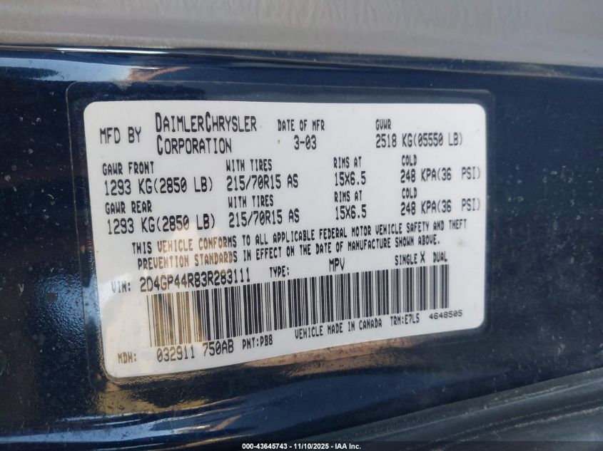 2003 Dodge Grand Caravan Sport VIN: 2D4GP44R83R283111 Lot: 43645743