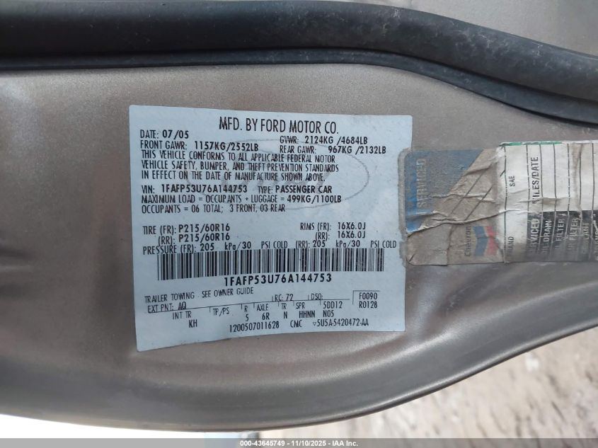 2006 Ford Taurus Se VIN: 1FAFP53U76A144753 Lot: 43645749