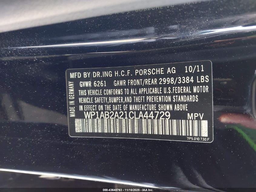 2012 Porsche Cayenne S VIN: WP1AB2A21CLA44729 Lot: 43645763