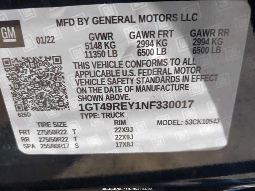 2022 GMC Sierra K2500 Denali VIN: 1GT49REY1NF330017 Lot: 43645765