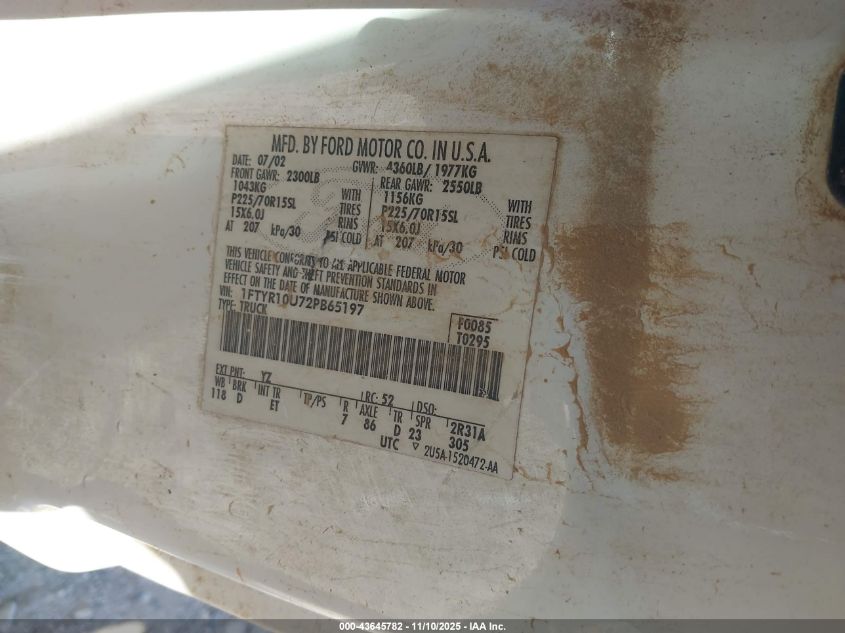 2002 Ford Ranger Edge/Xl/Xlt VIN: 1FTYR10U72PB65197 Lot: 43645782