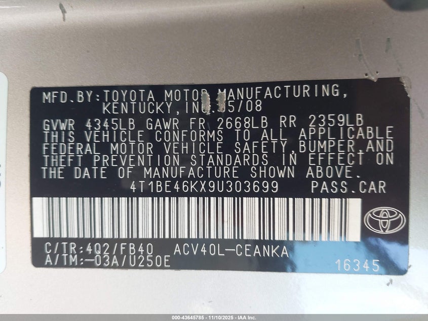 4T1BE46KX9U303699 2009 TOYOTA CAMRY photo no. 9