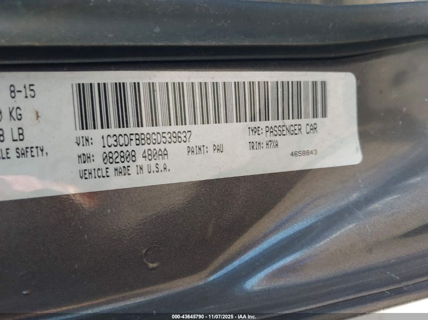 2016 Dodge Dart Sxt VIN: 1C3CDFBB8GD539637 Lot: 43645790