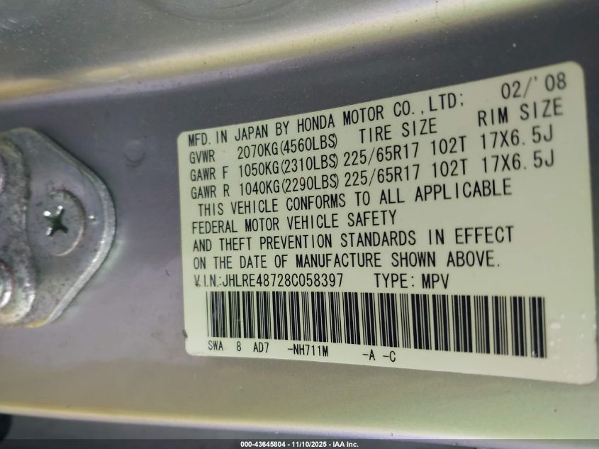 2008 Honda Cr-V Ex-L VIN: JHLRE48728C058397 Lot: 43645804