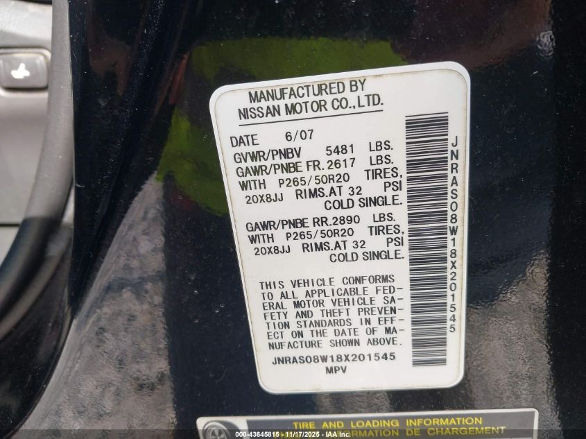 2008 Infiniti Fx35 VIN: JNRAS08W18X201545 Lot: 43645815