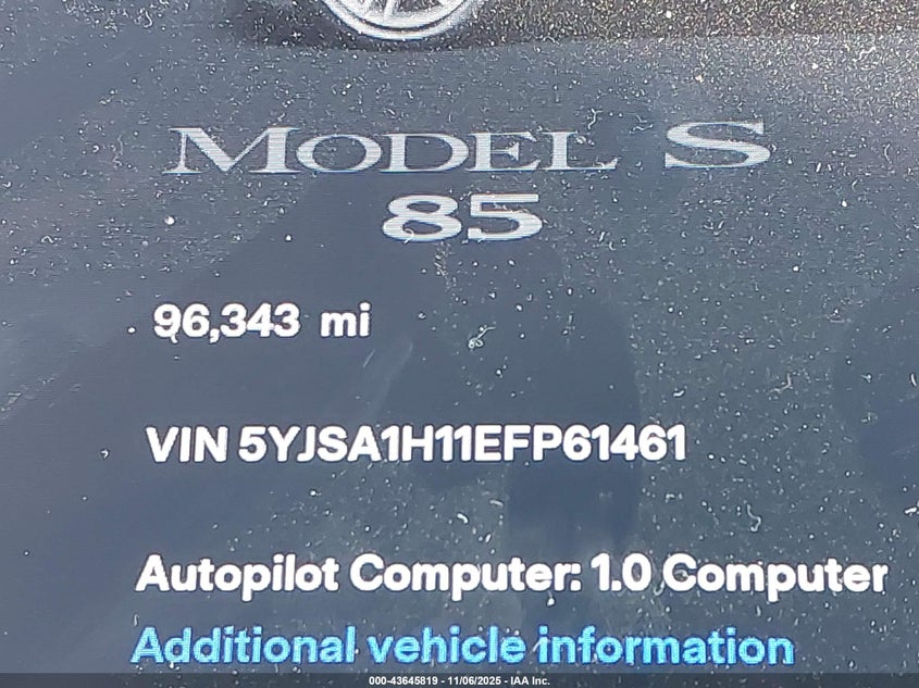 2014 Tesla Model S P85 VIN: 5YJSA1H11EFP61461 Lot: 43645819