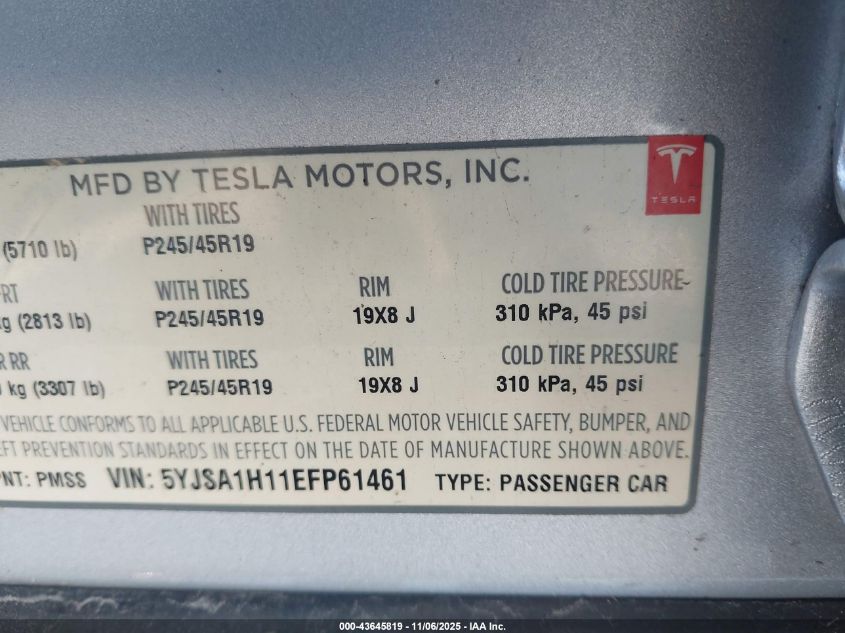 2014 Tesla Model S P85 VIN: 5YJSA1H11EFP61461 Lot: 43645819