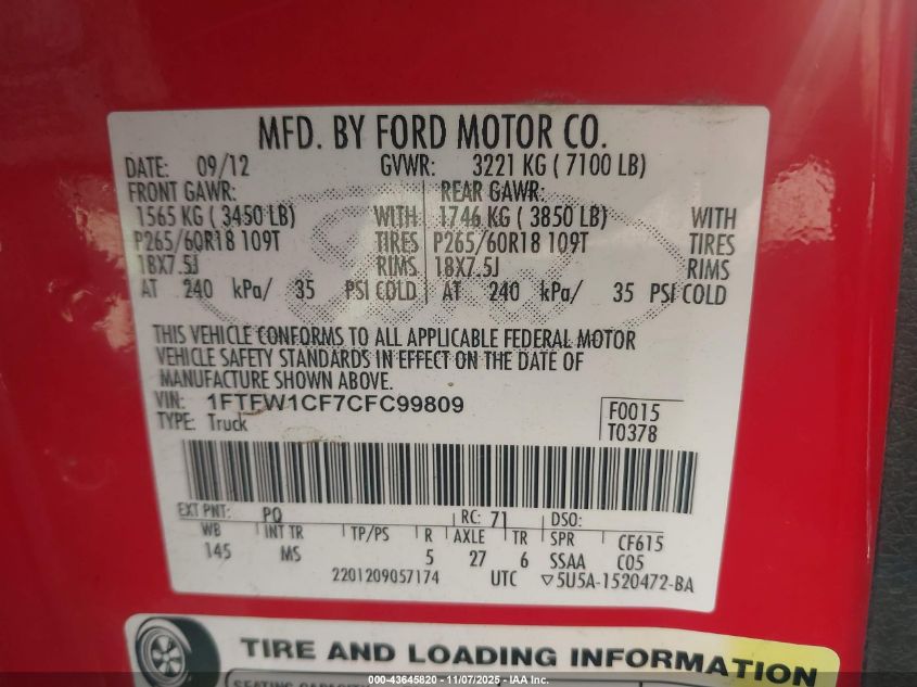 2012 Ford F-150 Supercrew VIN: 1FTFW1CF7C6C99809 Lot: 43645820