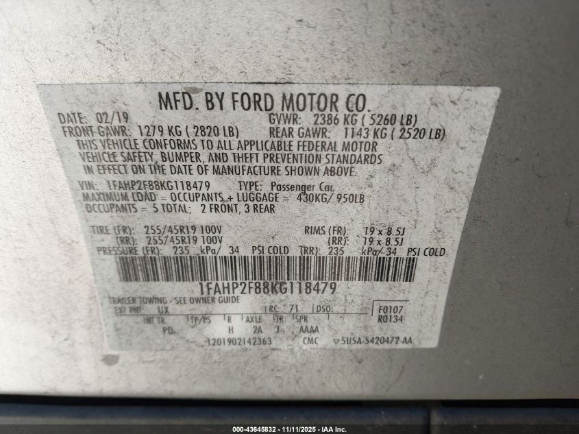 2019 Ford Taurus Limited VIN: 1FAHP2F88KG118479 Lot: 43645832