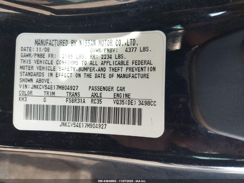 2007 Infiniti G35 VIN: JNKCV54E17M904927 Lot: 43645862