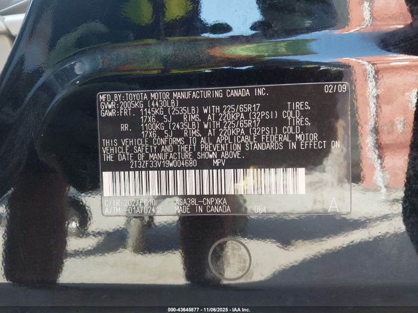 2009 Toyota Rav4 VIN: 2T3ZF33V19W004680 Lot: 43645877