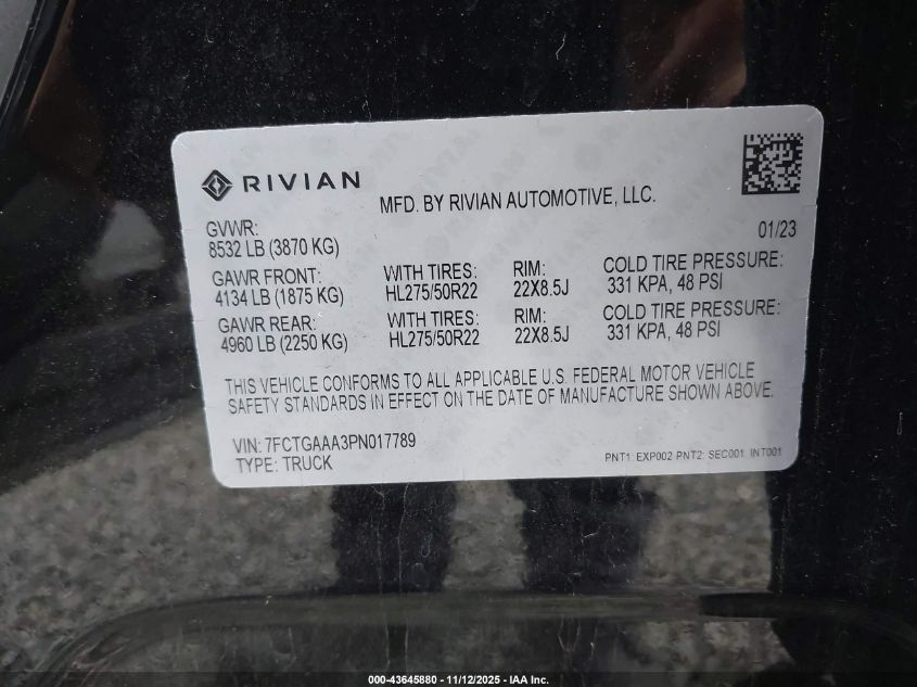 2023 Rivian R1T Adventure Quad Motor Large Pack VIN: 7FCTGAAA3PN017789 Lot: 43645880