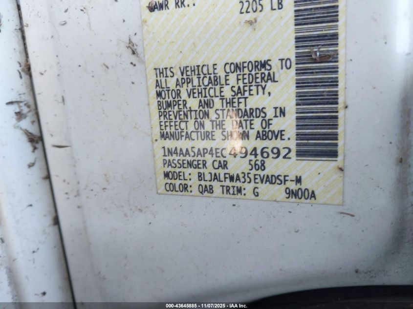 2014 Nissan Maxima 3.5 Sv VIN: 1N4AA5AP4EC494692 Lot: 43645885