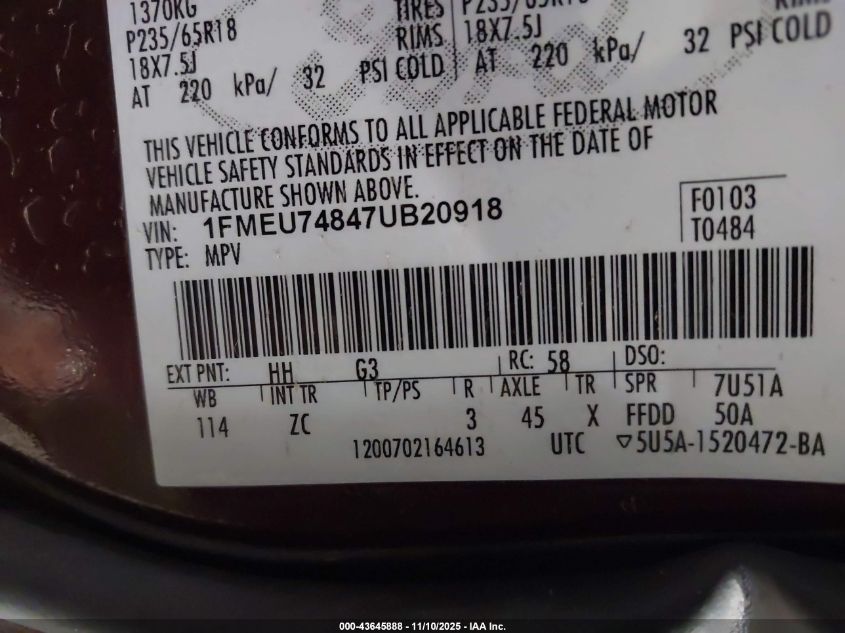 2007 Ford Explorer Eddie Bauer VIN: 1FMEU74847UB20918 Lot: 43645888