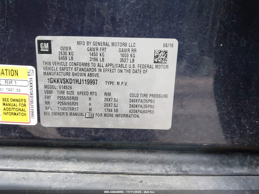 2017 GMC ACADIA LIMITED 1GKKVSKD1HJ119997