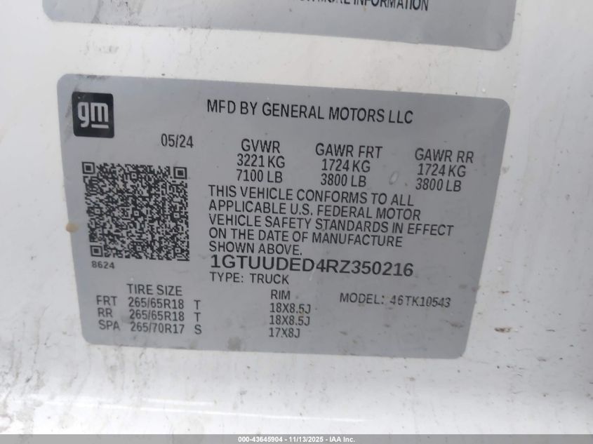 2024 GMC Sierra 1500 4Wd Short Box Slt VIN: 1GTUUDED4RZ350216 Lot: 43645904