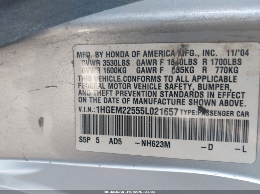 2005 Honda Civic Lx VIN: 1HGEM22555L021657 Lot: 43645906
