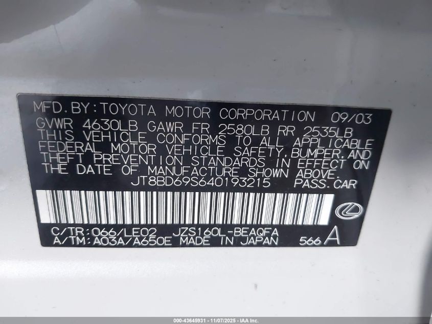 2004 Lexus Gs 300 VIN: JT8BD69S640193215 Lot: 43645931