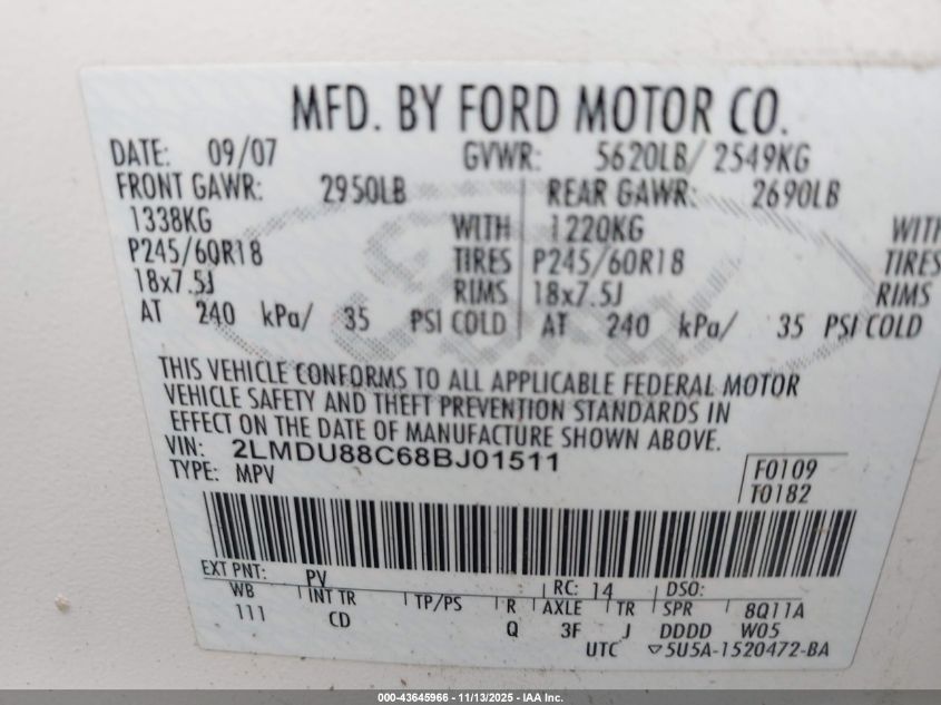 2008 Lincoln Mkx VIN: 2LMDU88C68BJ01511 Lot: 43645966