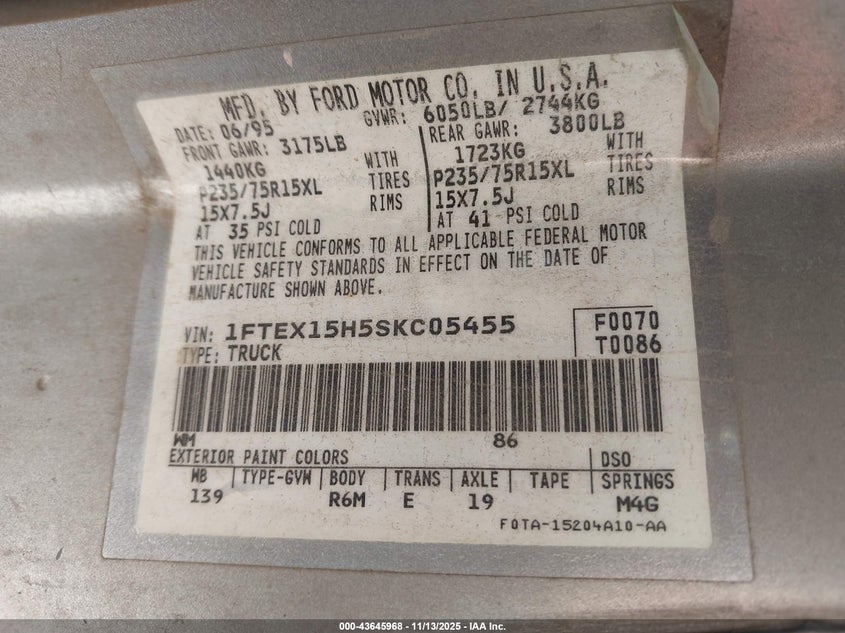 1995 Ford F150 VIN: 1FTEX15H5SKC05455 Lot: 43645968