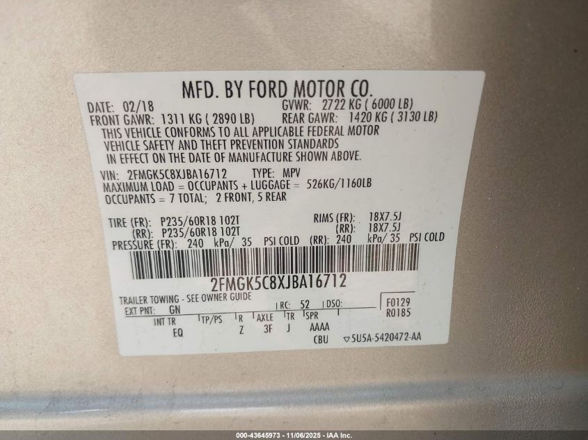 2018 Ford Flex Sel VIN: 2FMGK5C8XJBA16712 Lot: 43645973